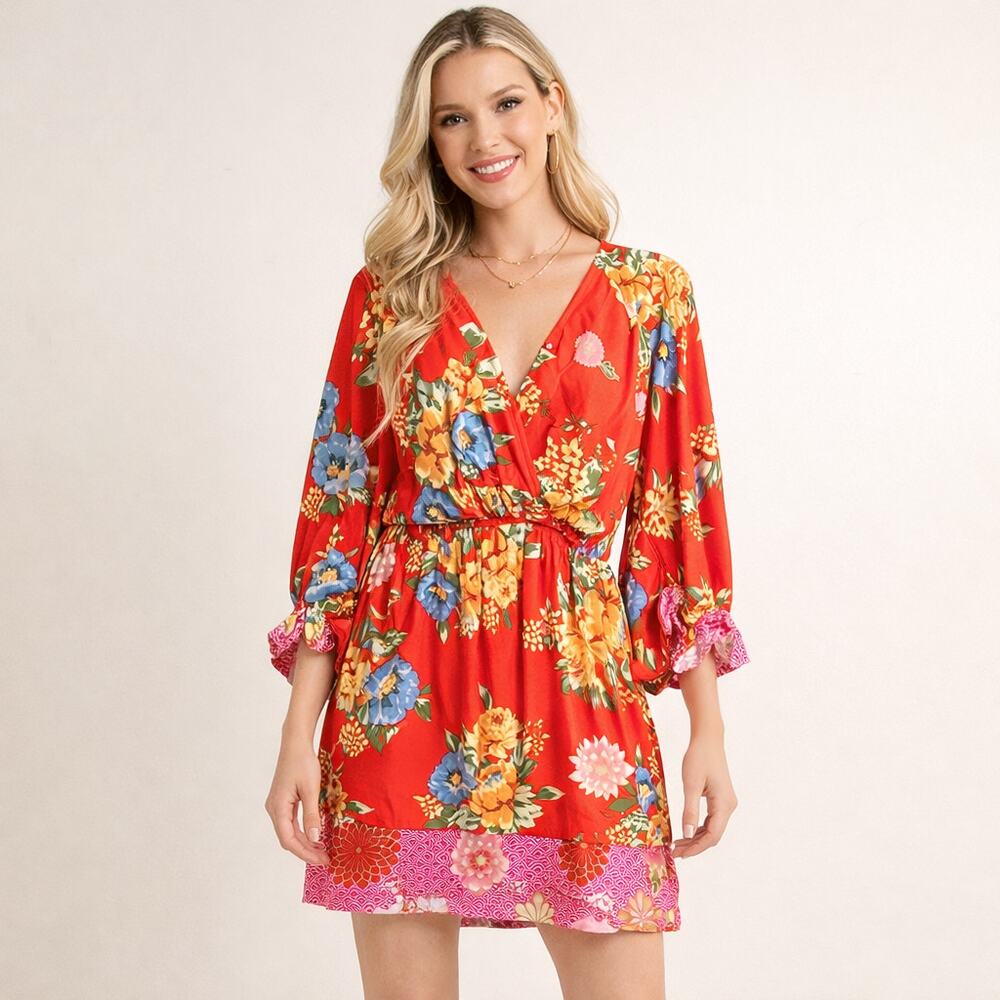 White Birch Vibrant Red Floral Dress Medium Boho Flowy Ruffle Sleeve
